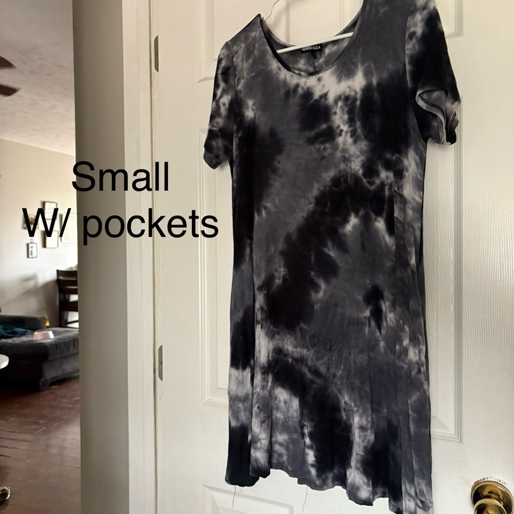Navy and Gray Tie-Dye Dress with Pockets